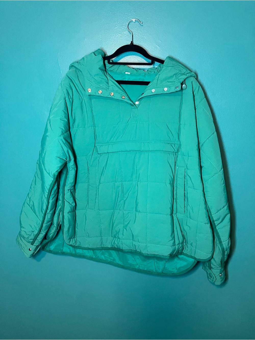 Teal Quilted Hooded Pullover Jacket - Women